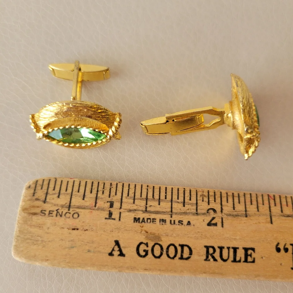 Vintage Cufflinks Green Rhinestone & Gold-tone Corded Metalwork ~ Snazzy! Retro!